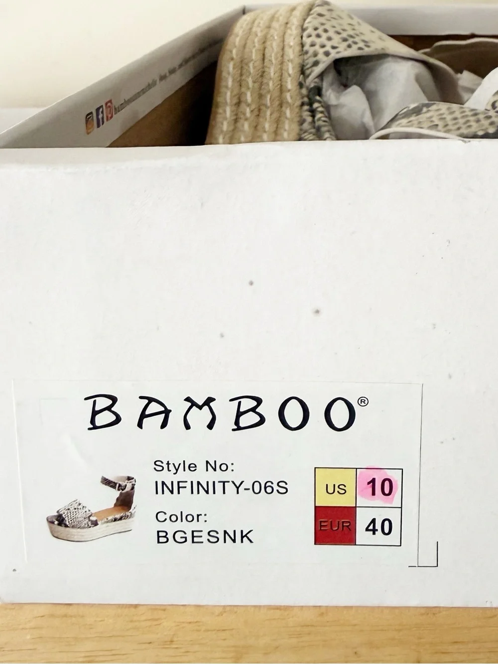 Bamboo Infinity Espadrille Beige Snakeskin Print Lug Sole Ankle Strap Size 10